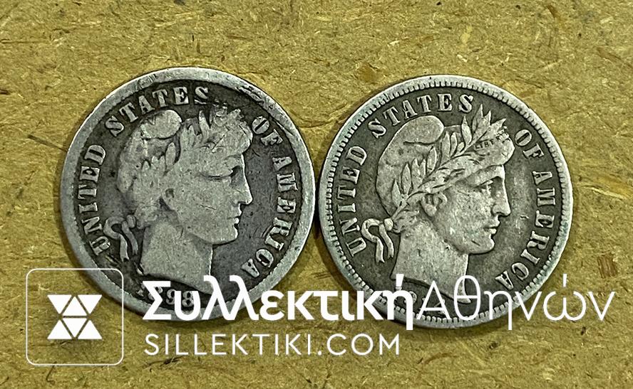 USA 2 Χ Dime (1898 and 1914 VF and XF+)